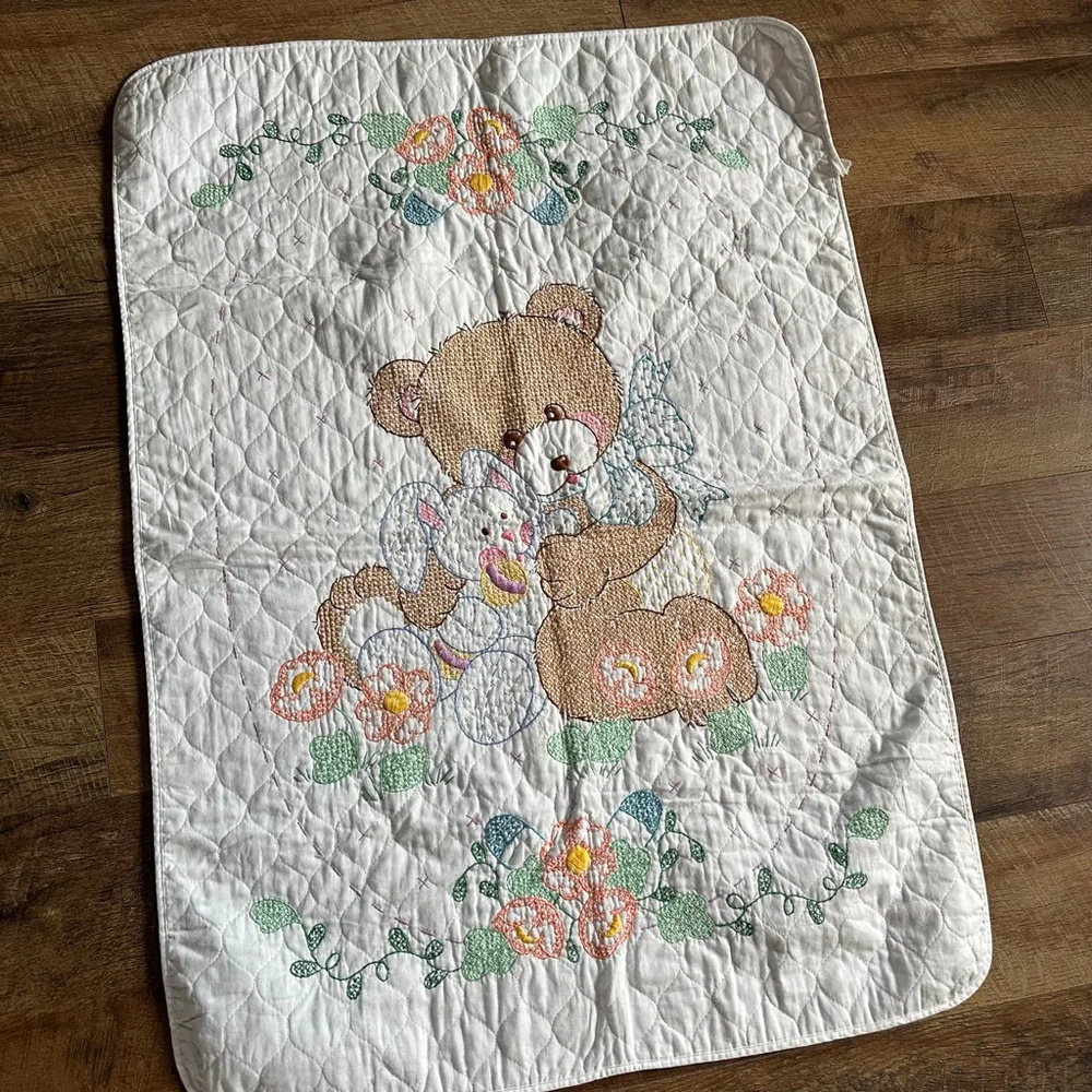 Vintage Handmade Cross Stitch Baby Quilt Blanket Teddy Bear Bunny Floral Nursery
